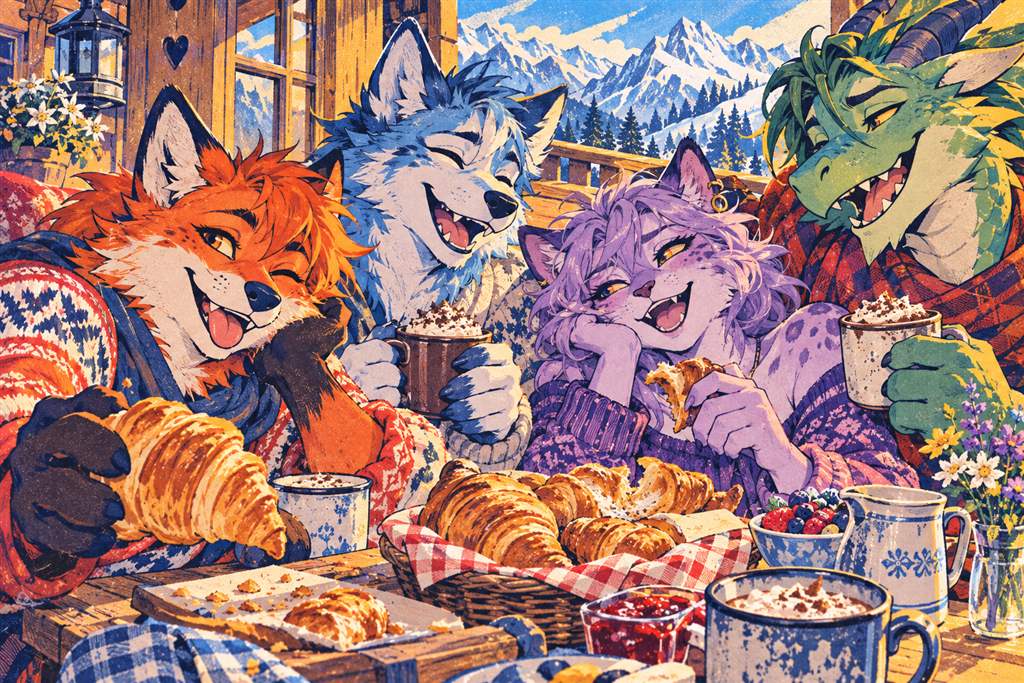 Original illustration of four laughing furry friends sharing breakfast at a mountain chalet